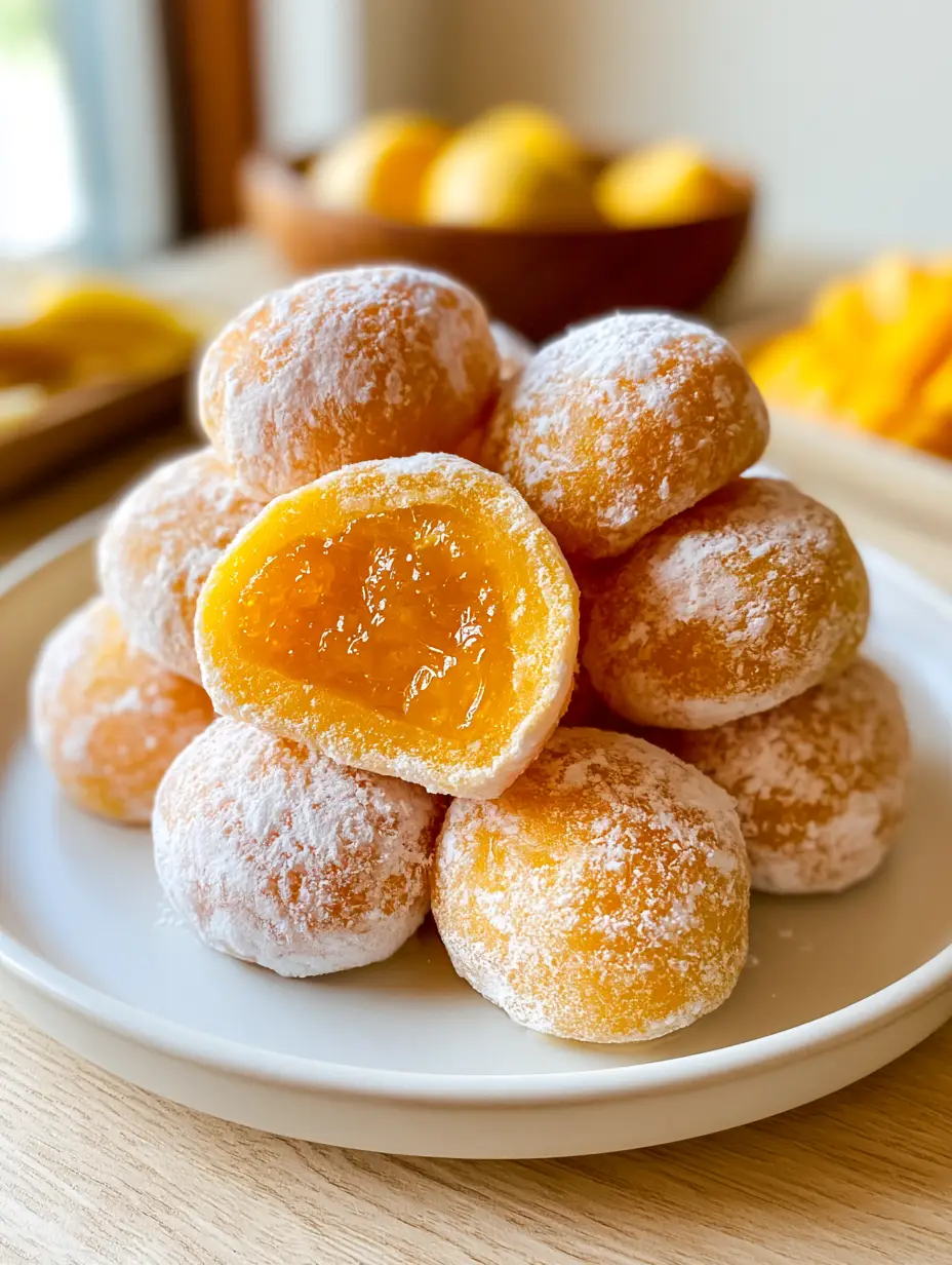 Homemade Mango Mochi: The Ultimate Guide to Soft, Elastic Tropical Bliss 3 Handheld photo of rounded mango mochi balls with an uneven cornstarch coating on a minimalist white plate. (Homemade Mango Mochi)