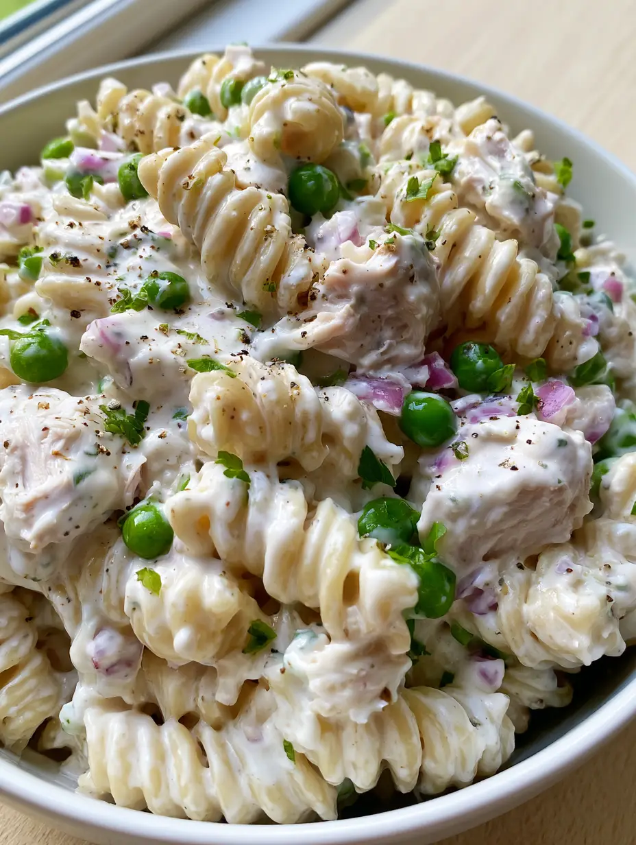 Close up of creamy chicken pasta salad in a white bowl with visible cracked black pepper and fresh parsley. (Creamy Chicken Pasta Salad)