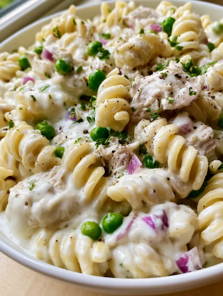 Top down view of chicken pasta salad showing bright green peas and diced red onions mixed with rotini.