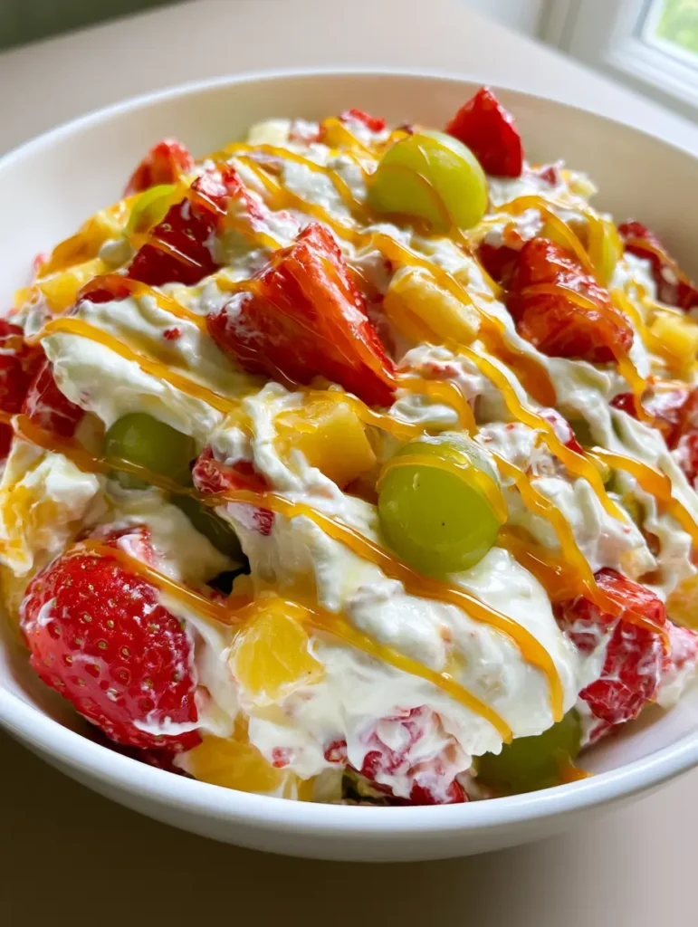 A handheld smartphone photo of a homemade Cheesecake Fruit Salad with strawberry halves and caramel drizzle.