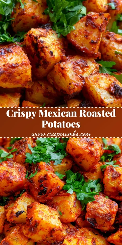 A rustic bowl of Mexican Roasted Potatoes featuring charred edges, a red-orange spice coating, and fresh green cilantro garnish.