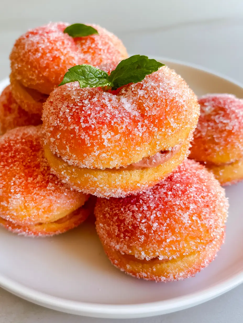 Two halves of a golden-brown cookie joined by chocolate filling, coated in sugar and pink/orange syrup. (Italian Peach Cookies)