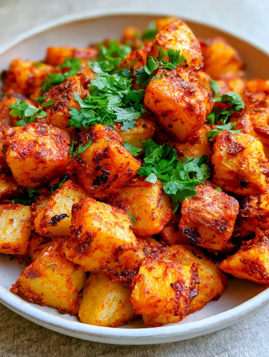 Close-up of bite-sized Mexican Roasted Potatoes in a rustic white bowl with visible spice texture and cilantro scattered on top.