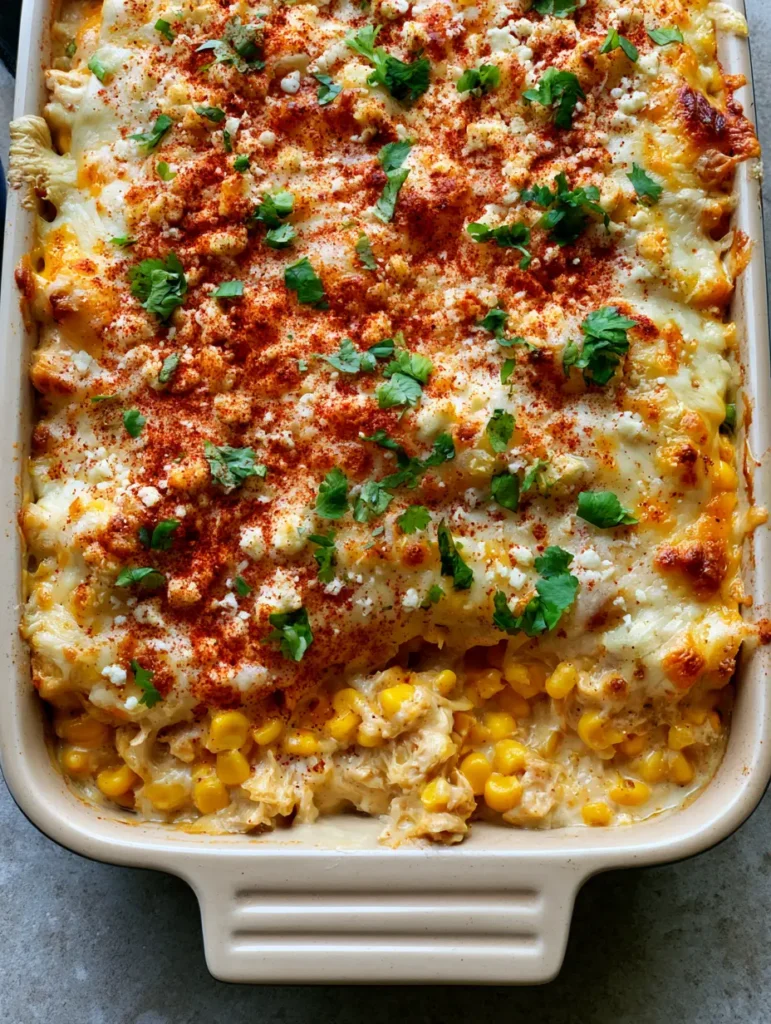 Street Corn Chicken Casserole: The Ultimate Cheesy Weeknight Bake 1 Overhead view of Street Corn Chicken Casserole garnished with chili powder and cotija cheese.