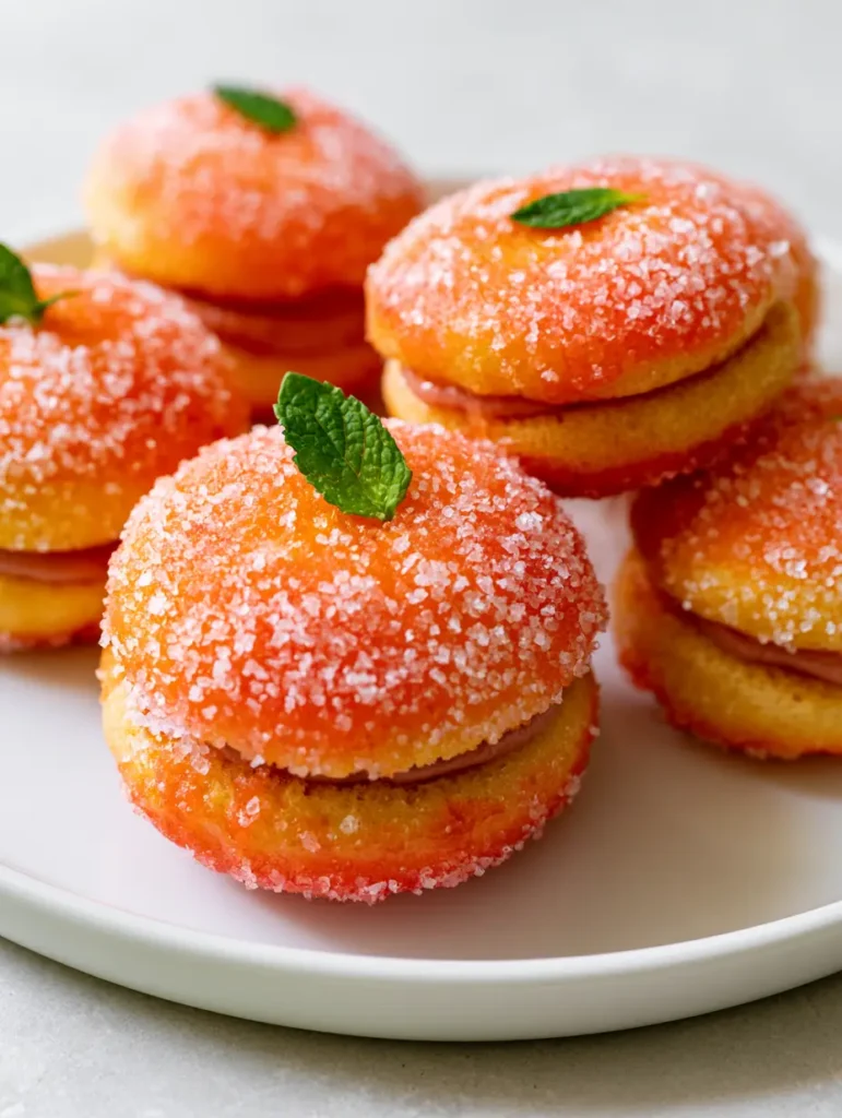 Arrangement of sugar-coated Italian Peach Cookies with mint leaves on a white plate with a neutral gray background.