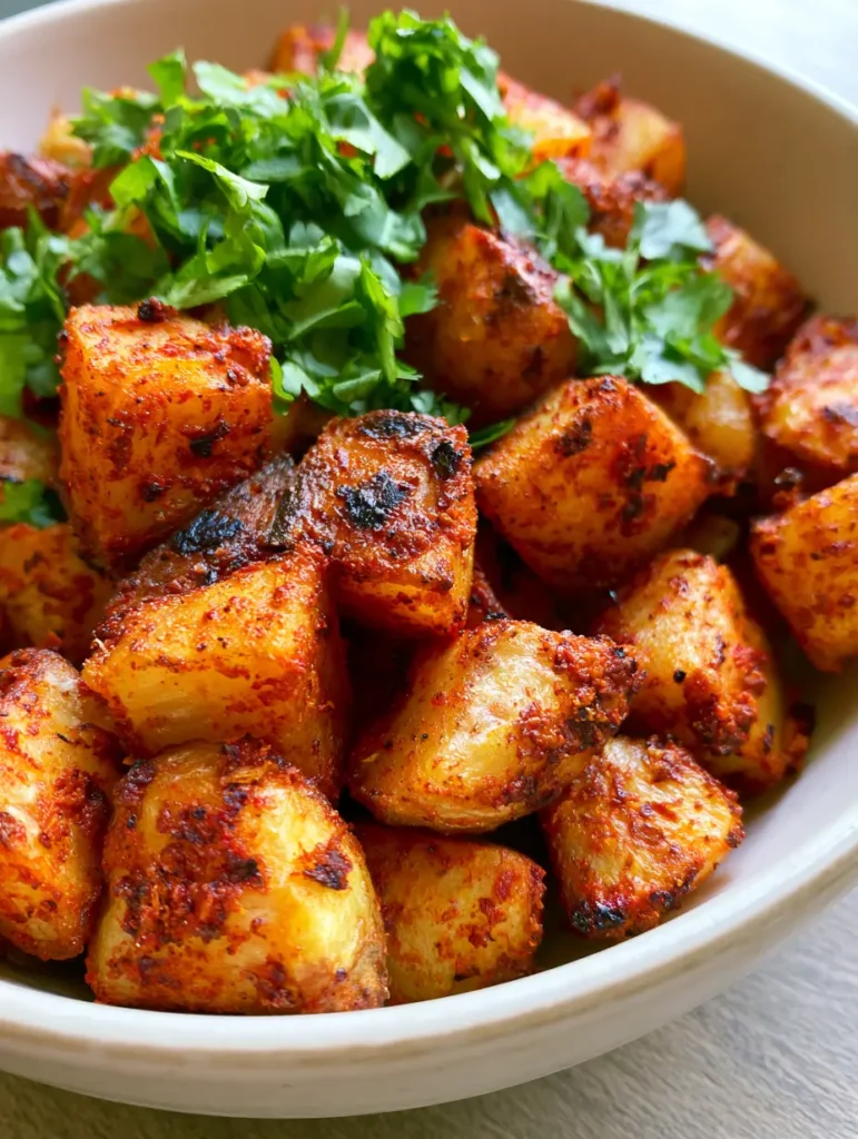 Mexican Roasted Potatoes served on a light wooden table, highlighting the charred edges and golden surfaces under natural light.