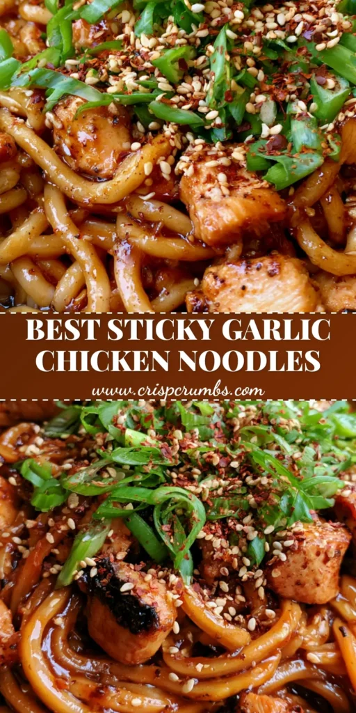 A close-up shot of Sticky Garlic Chicken Noodles in a dark bowl with glossy sauce and sesame seeds.