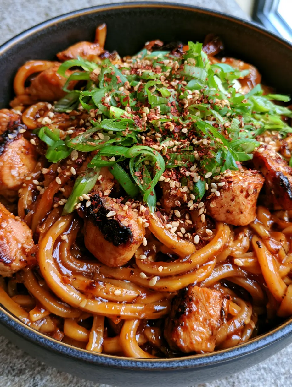 Top-down view of Sticky Garlic Chicken Noodles showing the honey-like consistency of the glaze.