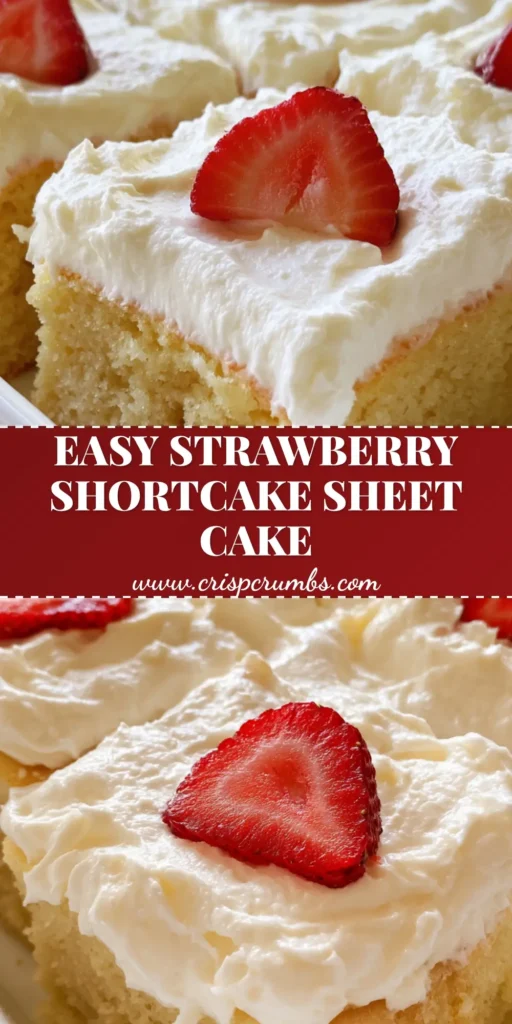 A top-down view of a Strawberry Shortcake Sheet Cake sliced into perfect squares in a white ceramic dish, topped with fluffy white cream and fresh strawberry slices.