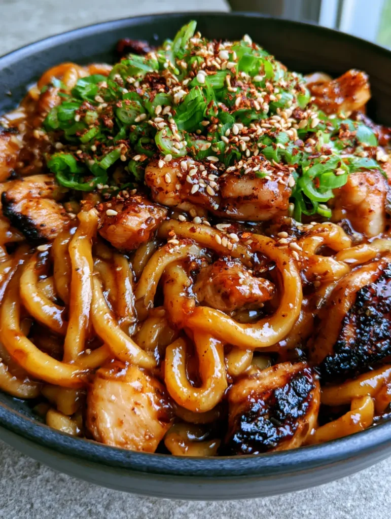 Detail shot of seared chicken pieces with caramelized edges in Sticky Garlic Chicken Noodles.