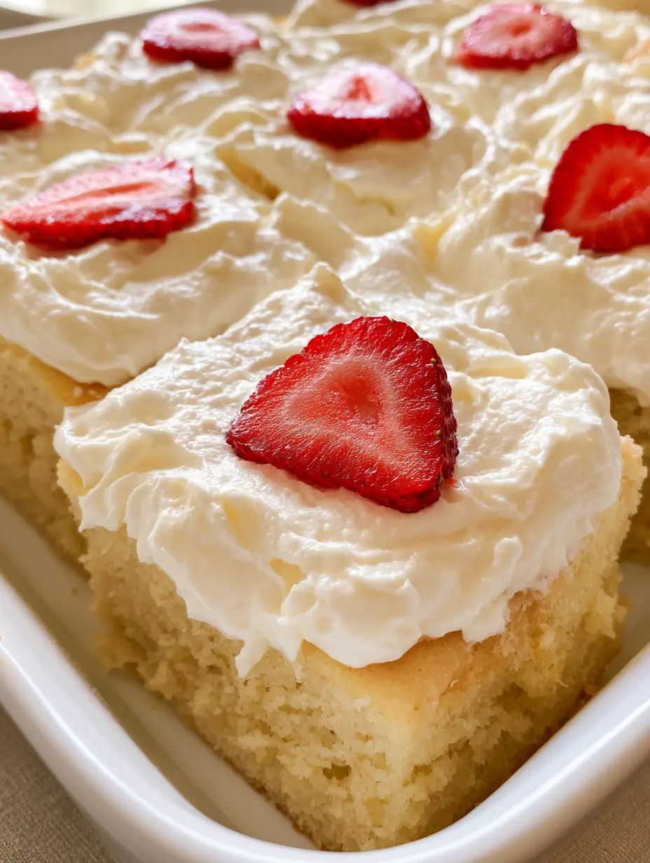 A close-up shot of a rectangular Strawberry Shortcake Sheet Cake sliced into squares showing the pale golden-yellow vanilla sponge and thick whipped cream.