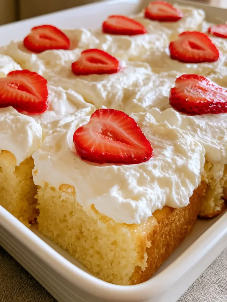 A rectangular vanilla sheet cake in a white ceramic baking dish with bright white whipped cream and fresh strawberry garnishes.