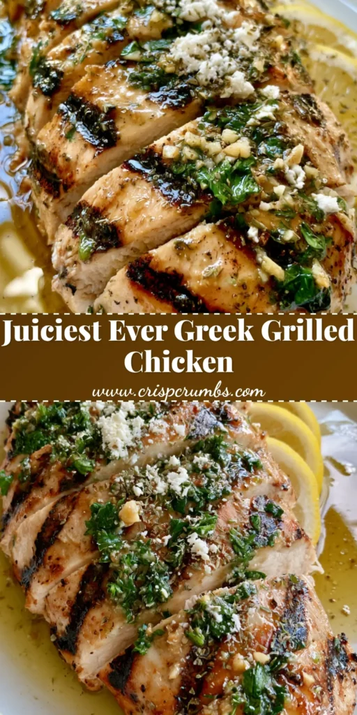 Sliced Greek Grilled Chicken with dark diagonal char marks and a glossy herb-oil marinade on a white plate.