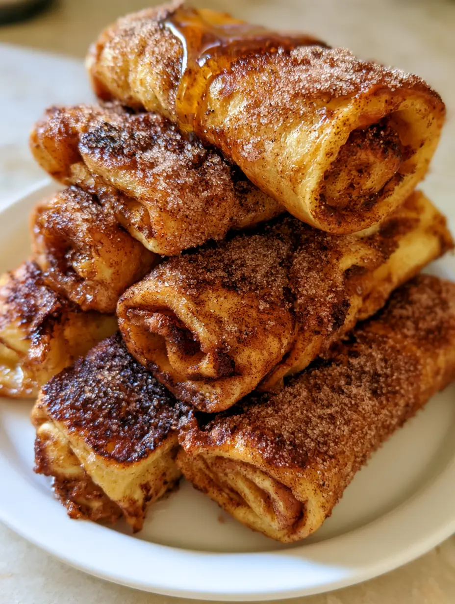 Smartphone photo of a stack of golden brown Cinnamon Roll French Toast Roll-Ups with visible caramelized edges.
