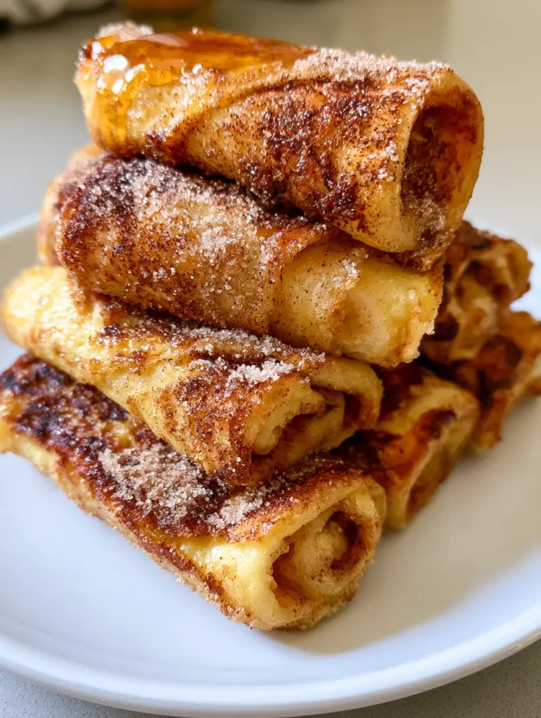 Close-up of tightly rolled French toast showing the fine dusting of cinnamon and granulated sugar.